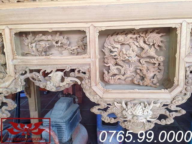 ô giữa mẫu bàn thờ ô xa gỗ dổi đục tứ linh ms19