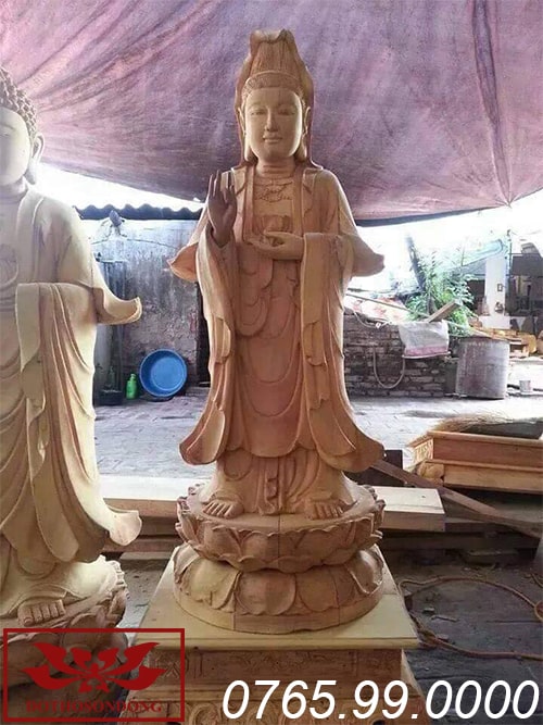 tượng phật bà quan âm thế đứng gỗ mít ms23