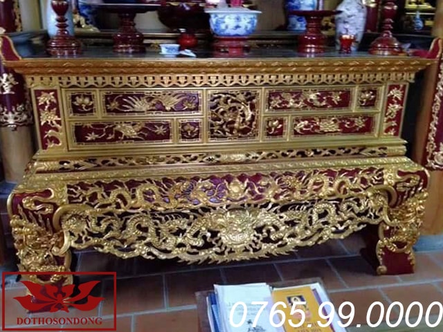 Sập thờ hai dạ chạm tứ linh chất liệu gỗ mít sơn son thếp vàng ms33