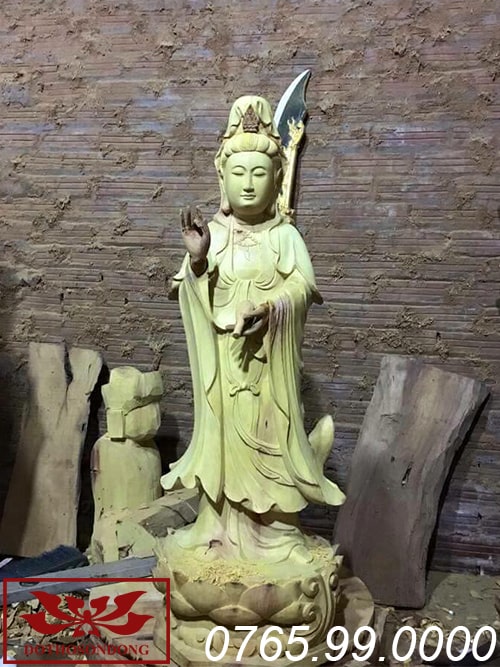 tượng phật bà quan âm thế đứng gỗ mít ms24
