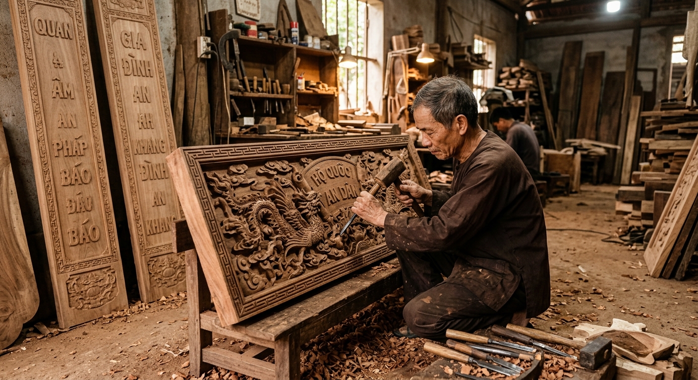 Nghệ nhân chạm khắc hoành phi câu đối gỗ gụ tại xưởng Đồ thờ Phú Cường Sơn Đồng